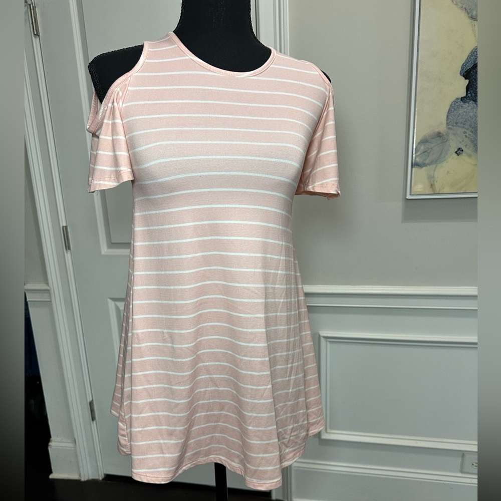 Btween Cold Shoulder Short Sleeve Girl Pink & White Striped T-Shirt Dress - Size